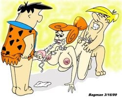 1990s 1999 20th_century bagman barney_rubble creampie cum cum_inside female fred_flintstone from_behind from_behind_position hanna-barbera human male nipples straight the_flintstones threesome wilma_flintstone