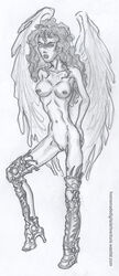 1girls 2d curly_hair female hand_on_hip hdav heels image_comics large_breasts long_hair monochrome monster_girl pussy solo solo_female the_angelus the_darkness traditional_media_(artwork) wings