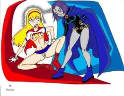 2girls blonde_hair breasts dc_comics female female_only gloves m_marker multiple_girls navel nipples purple_hair pussy rachel_roth raven_(dc) smooth_skin supergirl teen_titans