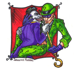 2boys ? barely_visible_penis batman_(series) bowler_hat cane clothed dc_comics edward_nygma evil_grin gay green_hair green_suit legs_held_open licking male male_only mask pants_open purple_gloves purple_suit red_hair red_lips saliva the_joker the_riddler tongue_out white_gloves white_skin yaoi