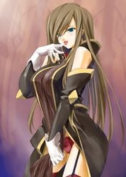 1girls akaten blue_eyes blush breasts brown_hair dress elbow_gloves female female_only gloves lingerie long_hair naughty_face panties pantyshot pointy_chin red_legwear red_panties solo standing tales_of_(series) tales_of_the_abyss tear_grants thighhighs tongue underwear very_long_hair