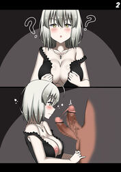 :o ? absurdres ahoge areolae bangs bar_censor bare_shoulders black_dress bouncing_penis breasts censored closed_eyes collarbone comic dress eyebrows_visible_through_hair fate/grand_order fate_(series) female flying_sweatdrops full-length_zipper highres imminent_paizuri jeanne_alter jeanne_d'arc_(fate)_(all) jewelry large_breasts mosaic_censoring necklace nipples off_shoulder pale_skin penis ryle short_hair silver_hair solo_focus undressing unzipped wavy_mouth yellow_eyes zipper