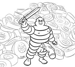 bibendum brandishing erect_nipples half-erect holding_weapon large_balls large_penis male_only mascot michelin_man retracted_foreskin som sword tires veiny_penis