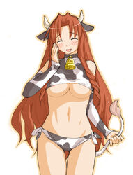 animal_ear bell blush breasts closed_eyes clothing cow_accoutrements cow_ear cow_girl cow_print cow_tail cowbell elbow_gloves erect_nipples erect_nipples_under_clothes gloves horns kasuga_yukihito long_hair mahou_sensei_negima! medium_breasts mole mole_under_eye naba_chizuru panties side-tie_panties tail underboob underwear