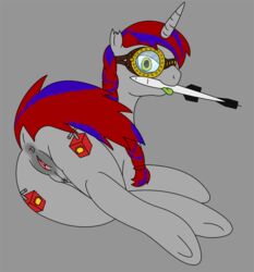 2012 anus ass blue_hair braid cetaceafile crotchboobs cutie_mark equine eyewear female goggles gray_body hair horn horse looking_at_viewer looking_back lying multicolored_hair my_little_pony nipples original_character pony presenting presenting_hindquarters pussy red_hair rocket simple_background solo terrafirma tongue toy two_tone_hair unicorn yellow_eyes