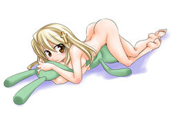 barefoot blonde_hair brown_eyes cross feet huge_eyes kamisama_no_iu_toori! kobayashi_tetsuya long_hair nude