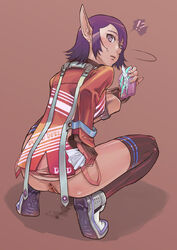 anus ass brown_background caught censored elf female fingerless_gloves from_behind gloves holding jacket karen_erra kurohiko looking_at_viewer looking_back mosaic_censoring no_panties peeing phantasy_star phantasy_star_universe pointy_ears purple_eyes purple_hair shoes short_hair simple_background sneakers solo squatting surprised sweatdrop thighhighs tissue