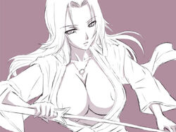 areola areolae bleach breasts cleavage huge_breasts long_hair matsumoto_rangiku monochrome open_clothes open_shirt matsumoto_rangiku shimano_natsume sword weapon