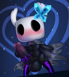 2020 absurd_res accessory anthro arthropod ass azura_inalis balls big_balls black_body blush bodily_fluids bow clothing digital_media_(artwork) genitals hi_res hollow_knight huge_balls insects male male_only penis_accessory penis_bow penis_ribbon protagonist_(hollow_knight) ribbons rubber solo team_cherry vessel_(species) video_games