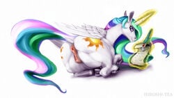 alicorn anus colored cutie_mark equine female feral friendship_is_magic fur hair hiroshi-tea horn long_hair looking_at_viewer looking_back lying magic mammal multicolored_hair my_little_pony princess_celestia_(mlp) pussy quill scroll solo white_fur wings