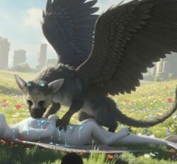 1boy 1girls avian blue_milk chimera drinking_milk faceless_female feathers horns how_to_train_your_dragon light_feathers light_fury male/female male_domination male_on_top the_last_guardian trico trico_(species) trico_(the_last_guardian) unseen_female_face white_dragon white_skin wings