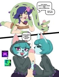 arakira clone dialogue feet feet_out_of_frame goth league_of_legends looking_at_viewer neeko riot_games shapeshifter shortstack speech_bubble vex_(league_of_legends)