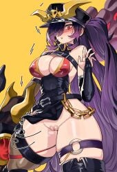 1girls bare_shoulders black_hair breasts cap chains character_request cleavage female gamjasssak light-skinned_female long_hair no_panties purple_hair pussy red_eyes surprised_expression thick_thighs thighhighs thighs trickcal_re:vive two-tone_hair wide_hips yellow_background