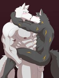 balls biceps blush closed_eyes cum cum_in_ass cum_inside duo erection fur hair huge_muscles humanoid_penis keijimohumohu kemono kissing male mammal muscular muscular_male nipples nude penis yaoi