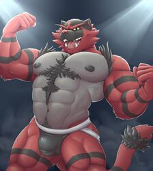 1boy abs acephlosion anthro areola barazoku biceps body_hair bulge chest_hair clothing fangs feline flexing fur furry green_eyes incineroar jockstrap male male_only mammal muscular navel nintendo nipples open_mouth pecs pokémon_(species) pokemon pokemon_sm pubic_hair sharp_teeth smile solo standing teeth testicles thick_thighs tongue triceps underwear video_games