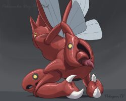 2025 2_claws arthropod arthropod_abdomen arthropod_abdomen_genitalia arthropod_abdomen_penis ass biped black_markings claws digital_media_(artwork) erection feral generation_2_pokemon genitals hi_res horn insect_wings kneeling looking_back male markings nintendo penis pincers pokegontc pokemon pokemon_(species) presenting presenting_hindquarters rear_view red_body scizor solo wings yellow_eyes yellow_markings