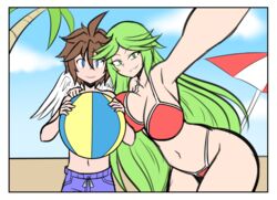 1boy 1girls age_difference angel_wings areolae beach bikini breasts brown_hair censored cleavage dress female goddess grabbing green_eyes green_hair highres huge_breasts ilustretsspoks kid_icarus kid_icarus_uprising larger_female long_hair male nintendo older_female palutena pit pit_(kid_icarus) selfie short_hair sitting straight swimsuit wings younger_male