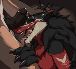 black_fur cum duo freya_(zavan) fur male oral penis red_fur sergal tattoorexy white_fur