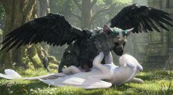 1boy 1girls animal avian chimera feathers forest horns how_to_train_your_dragon light_feathers light_fury male/female male_domination male_on_top the_last_guardian trico trico_(species) trico_(the_last_guardian) unseen_female_face white_dragon white_skin wings