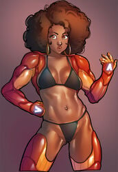 1girls abs afro armor belly_button big_lips bikini black_bikini breasts brown_eyes brown_hair brown_skin cleavage clothed cowboy_shot dark-skinned_female dark_skin earrings eyelashes female female_only front_view gradient_background hair hand_on_hip hoop_earrings human human_only iron_man_(series) ironheart large_breasts marvel marvel_comics midriff navel open_eyes ph plain_background power_armor riri_williams sideboob solo solo_female standing swimsuit thighhighs toned