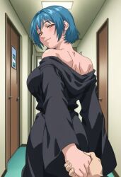 1girls ai_generated apartment back_muscles bare_shoulders bible_black big_ass big_breasts blue_hair blush brown_eyes exposed_back female female_focus female_only flirting flirting_with_viewer from_behind hallway holding_hands hooded_robe horny horny_female indoors interlocked_fingers invitation kurimoto_maki leading naughty naughty_face naughty_smile off_shoulder pov pov_hands presenting presenting_ass presenting_hindquarters rear_view robe seducing seduction seductive seductive_eyes seductive_gaze seductive_look seductive_mouth seductive_pose seductive_smile short_hair shoulder_length_hair sideboob smile solo teasing teasing_viewer teasing_with_butt teen teenage_girl teenager uncensored viewed_from_behind walking