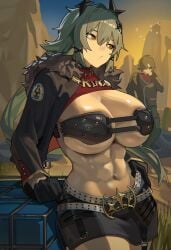 1boy 1girls abs absurdres belt big_breasts black_gloves black_horns black_jacket blush breasts caesar_king caesar_king_(zenless_zone_zero) female fur_trim gloves green_hair grey_belt hair_between_eyes hair_intakes hair_ornament highres horns jacket large_breasts lighter_(zenless_zone_zero) long_hair open_clothes prosthesis prosthetic_arm red_scarf scarf shikube short_hair solo_focus thighhighs yellow_eyes zenless_zone_zero