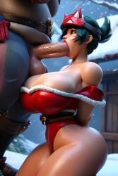 1girls 3d ai_generated big_ass big_breasts big_penis christmas christmas_outfit fat_bastard fat_male fat_man fellatio green_hair kiriko_(overwatch) kiriko_kamori overwatch overwatch_2 ravenomega roadhog sexy_body sexy_woman video video_games