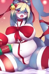 2018 anthro areola belly big_breasts blueshark bluestar blush bondage bound breasts christmas clothed clothing eyelashes female fish hair holidays huge_breasts looking_at_viewer looking_pleasured marine shark slightly_chubby solo thick_thighs