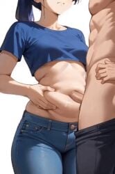 ai_assisted ai_generated animated belly_button belly_button_penetration belly_grab blue_hair chubby chubby_female clothed_female_nude_male clothed_sex jeans loop looping_animation navel_fetish navel_penetration