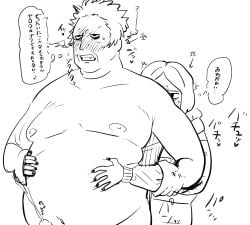 2boys blush clenched_teeth coat_guy_(no,_i'm_not_a_human) cum ejaculation erection ex-minister_(no,_i'm_not_a_human) fat fat_male from_behind gay groping groping_from_behind height_difference japanese_text male male_only monochrome moobs no,_i'm_not_a_human overweight overweight_male penis seiheki_neko sketch sweat yaoi