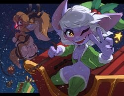 2girls amber_eyes blush bondage christmas female female_only hi_res holydays huffslove league_of_legends looking_at_viewer pointy_ears poppy purple_skin shortstack smiling smiling_at_viewer star-shaped_pupils tristana v_sign white_hair wink winking_at_viewer yordle
