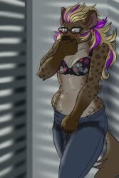 absurd_res anthro bibarel_rei bladder bladder_bulge bodily_fluids bra clothing female genital_fluids hi_res hyena mammal omorashi organs peeing peeing_self solo spotte_(anubix) underwear urine watersports wetting