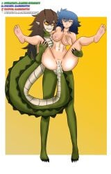 2girls areolae beastiez blue_hair breasts brown_hair carrying carrying_partner completely_nude crocodile crocodile_girl crocodile_tail crocodilian feet feet_up female female_only green_scales green_skin humanoid kairyu_crocodile kendra_(magnum_oppai) light-skinned_female light_skin lizard_girl lizard_humanoid long_hair magnum_oppai nipples nude nude_female original_character pussy red_eyes scalie scalie_humanoid tail_in_pussy tail_sex vagina vaginal vaginal_insertion vaginal_penetration yellow_sclera