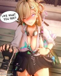 1boy 1boy1girl 1girl1boy 1girls 3d big_breasts blonde_hair blush breasts cleavage female grin handholding holding_hands interlocked_fingers koikatsu koikatsu_(medium) looking_at_viewer lynae_(wuthering_waves) male_rover_(wuthering_waves) mezzyy pov pulling_clothing rover_(wuthering_waves) smile teasing wuthering_waves