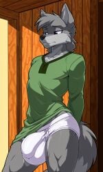 ai_generated big_bulge black_eyes briefs bulge canid canine canis contrapposto fanservice furry gay gem_waters gray_fur green_shirt grey_fur male minecraft minecraft_wolf sad shirt thick_thighs wolf yaoi