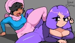 2girls adriademon animated animated_gif arabian arabian_female big_breasts breasts cameltoe clothed duolingo female female/female female_only hijab lily_(duolingo) pixel_animation pixel_art rubbing_pussies_together scissoring sweat sweatpants tribadism tribadism_through_clothing yoga_pants yuri zari_(duolingo)