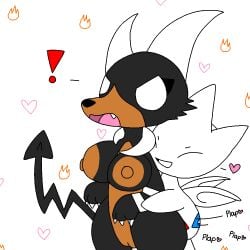 ! age_difference anthro black_body black_fur black_nose breasts cute generation_2_pokemon heart horne horns houndoom komatosse love multicolored_body orange_body pezi pokémon_(species) pokemon pussy smaller_male togetic white_background wings