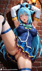 1girls ai_generated aqua_(konosuba) arms_up blue_eyes blue_hair bondage breasts brick_wall chained chains covered_nipples cuffs dungeon encoder female kono_subarashii_sekai_ni_shukufuku_wo! long_hair one_leg_up open_mouth pussy scared spread_legs standing stone_floor torch uncensored vagina