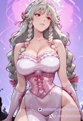1girls ai_generated big_breasts breasts darkness female female_only fog grayfia_lucifuge headband high_school_dxd lace_trim lewdrune light-skinned_female long pale_skin red_eyes ribbons silk silver_hair solo