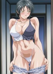 1girls accurate_art_style adult adult_female ai_generated bare_breasts bare_shoulders bible_black big_breasts black_hair blush breast_focus breasts busty denim denim_shorts door doorway erect_nipples erect_nipples_under_clothes exhibitionism exhibitionist facing_viewer faithful_to_the_anime female female_only front_view g-string highleg highleg_panties large_breasts lazycpt looking_away makeup mature mature_female milf minase_yukiko nipples nipples_visible_through_clothing no_bra no_bra_under_clothes open_clothes open_fly open_shorts oppai outdoors panties pinup pose posing posing_for_the_viewer revealing_clothes sagging_breasts see-through see-through_panties shameless shirt shirt_lift short_shorts shorts shorts_down shy skimpy skimpy_clothes solo solo_focus standing taking_clothes_off tank_top town two-tone_shirt unbuttoned unbuttoned_shorts undressing voluptuous wedgie yellow_eyes young_adult young_adult_female