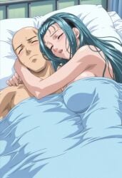 1boy 1girls adult_and_teenager after_sex age_difference ai_generated bald bald_male bare_shoulders bed bed_sheet bible_black bible_black_gaiden big_breasts blanket blue_hair breasts completely_nude completely_nude_female cuddling exhausted female female_focus hair_ornament hairband happy happy_female head_on_pillow head_tilt high_resolution implied_fingering implied_masturbation implied_sex lesbian_with_male long_hair male mochida_junko no_eyewear no_glasses nude older_male_and_younger_female parted_lips petite petite_female pillow sexually_suggestive sidelocks sleeping sleeping_nude smile solo suggestive sweat teenage_female teenager tired uncensored under_covers upper_body white_skin wholesome