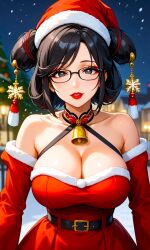 1girls ai_generated asian attractive_female babe bare_shoulders beautiful_girl bell belt billiemi02 black_hair_female buildings chinese chocker city_background earrings eyebrows eyelashes female fighting_game glasses gold_(metal) golden_earrings hair_ornament happy lamp lights lipstick looking_at_viewer lovely night pleasant samurai_shodown santa_costume sexy sleeves snk snowflake solo_focus stable_diffusion street upper_body video_game_franchise video_games warrioress wu-ruixiang