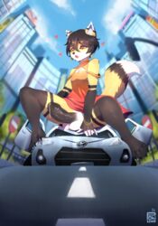 2018 anthro balls big_balls canine city clothed clothing crossdressing crush fox girly hair heart jewelry logan_grey long_hair macro male mammal penis pokilewd precum red_eyes retracted_foreskin solo toyota uncut