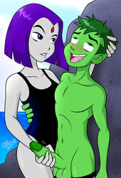 1boy 1girls alternate_version_available assertive assertive_female beach beast_boy big_penis blush bold-n-brash clothed_female_nude_male darthguyford dc dc_comics eyes_rolling_back female femdom garfield_logan green-skinned_male green_hair green_skin grey-skinned_female hand_behind_head handjob looking_at_partner looking_pleasured male ocean one-piece_swimsuit open_mouth outdoors penis purple_eyes purple_hair rachel_roth raven_(dc) smile stealth_sex straight swimsuit tease teasing teen_titans