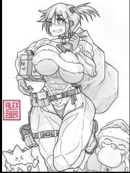 abs alternate_muscle_size artalexc bell belt belt_pouch biceps black_border blush border box breasts cameltoe choker christmas cleavage collar covered_abs covered_erect_nipples ear_piercing earrings female fur_trim gen_1_pokemon gen_2_pokemon gift gift_box gloves grin hat highleg highleg_panties holding holding_gift holding_sack holster huge_breasts jewelry kasumi_(pokemon) large_breasts leotard misty_(pokemon) muscular muscular_female neck_bell nintendo obliques panties piercing poke_ball pokemon pokemon_(anime) pokemon_(classic_anime) pokemon_(species) pokemon_rgby pouch psyduck running sack santa_costume santa_hat short_hair side_ponytail smile sweat thick_thighs thigh_gap thigh_pouch thigh_strap thighs togepi underboob underwear