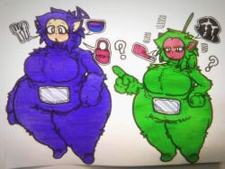 2girls big_ass big_breasts big_legs chubby chubby_female dipsy dipsy_(slendytubbies) esmeiden genderswap green_skin marked marked_pussy purple_skin rule_63 slendytubbies slendytubbies_3 teletubbie teletubbies tinky tinky_winky tinky_winky_(slendytubbies) traditional_media_(artwork)