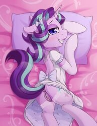 2018 anus armwear clitoral_winking clitoris clothing_lift cutie_mark dress dress_lift equine fearingfun female friendship_is_magic grin highres horn looking_at_viewer lying mammal my_little_pony no_underwear pillow presenting presenting_pussy pussy smile solo starlight_glimmer thighhighs ungulate ungulate_legs unicorn