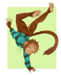 anthro anus bottomless brown_fur brown_hair clothed clothing female fur hair handstand haplorhine mammal monkey monkey_feet monkey_girl open_mouth prehensile_feet primate pussy smile solo sonechkachizhikov_(artist) sweatshirt yellow_eyes