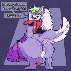 1dickgirl anthro anus armwear artist_name ass back_view backsack ball_tuft balls ballsack barefoot bottomless bottomless_futa canine_genitalia canine_penis collar dialog dialogue dialogue_box dickgirl ear_piercing ear_ring earrings five_nights_at_freddy's five_nights_at_freddy's:_security_breach fur furry furry_ass furry_balls furry_ears furry_futa furry_only furry_tail futa_only futa_sans_pussy futanari goblynn green_hair gynomorph hair hi_res high_resolution highres intersex legwear long_hair looking_at_viewer looking_back on_floor on_ground penis piercing piercings presenting presenting_anus presenting_ass presenting_balls presenting_butt presenting_hindquarters purple_anus purple_armwear purple_background purple_body purple_fur purple_legwear raised_tail red_penis roxanne_wolf_(fnaf) snout solo solo_futa squatting sweat sweatdrop sweaty_ass sweaty_body sweaty_butt sweaty_legs sweaty_thighs tail taint topwear two-tone_background two-tone_fur two-tone_hair white_fur wolf yellow_eyes