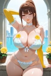 ai_generated archway arm_behind_head armpits bangs bikini brown_hair choker city_background female flower_accessory flower_choker flower_pot flower_trim hair_between_eyes hair_over_shoulder hair_strand hand_on_surface long_gloves long_sleeve_gloves one_arm_behind_head ponytail rgomez007 seductive_smile solo_female stable_diffusion thick_lips thick_thighs white_bikini wide_hips